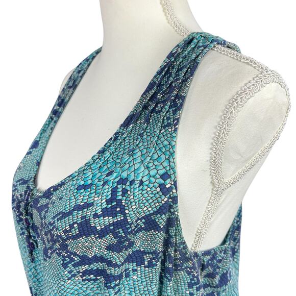 Fire Los Angeles Dress Women Size Large Blue & Turquoise Animal Scales Boho Mini - Picture 2 of 11